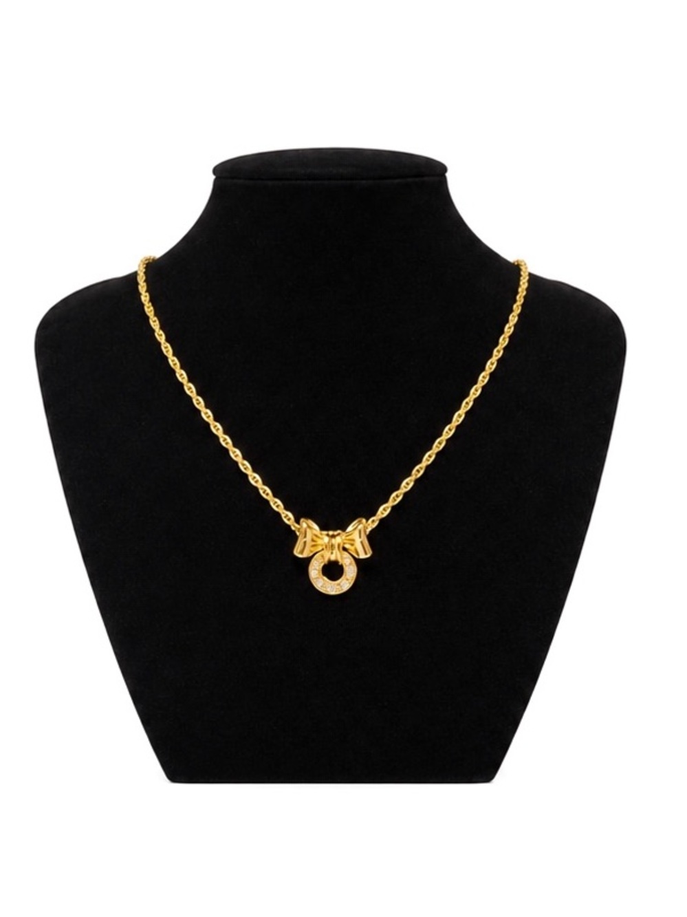 Givenchy RARE Vintage Gold Plated Bow & Crystal Pendant Rope Necklace
